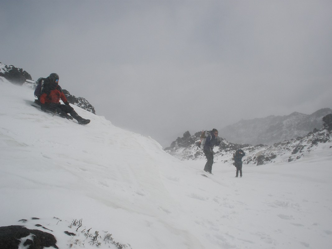 VUWTCers in blustery weather with blowing snow.